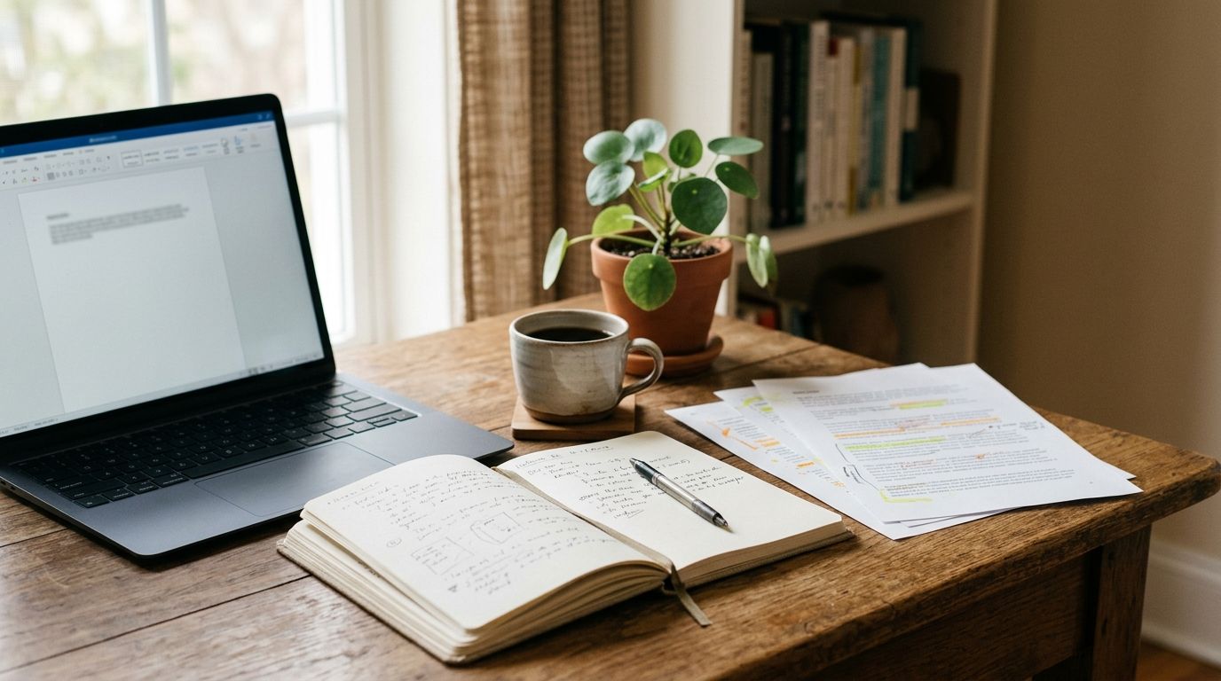 Redaktionsarbeitsplatz mit Notizen und Studien
